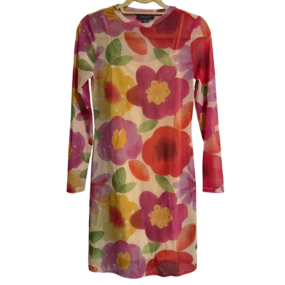 Primark Womens Watercolor Floral Mesh Overlay Long Sleeve Mini Dress Multi Sz 6
